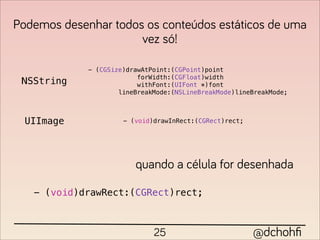Podemos desenhar todos os conteúdos estáticos de uma
                      vez só!

             - (CGSize)drawAtPoint:(CGPoint)point
                          forWidth:(CGFloat)width
 NSString                 withFont:(UIFont *)font
                     lineBreakMode:(NSLineBreakMode)lineBreakMode;



  UIImage             - (void)drawInRect:(CGRect)rect;




                         quando a célula for desenhada

   - (void)drawRect:(CGRect)rect;



                              25                         @dchohﬁ
 
