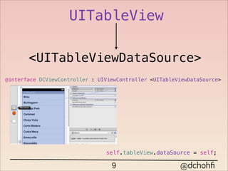UITableView

       <UITableViewDataSource>
@interface DCViewController : UIViewController <UITableViewDataSource>




                                self.tableView.dataSource = self;

                                  9                     @dchohﬁ
 