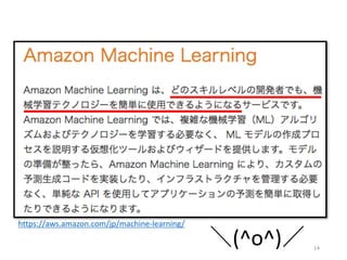 https://aws.amazon.com/jp/machine-learning/
＼(^o^)／ 14
 