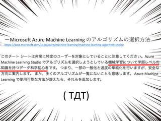 ーMicrosoft	Azure	Machine	Learning	のアルゴリズムの選択⽅法
https://docs.microsoft.com/ja-jp/azure/machine-learning/machine-learning-algorithm-choice
(	TДT)
15
 