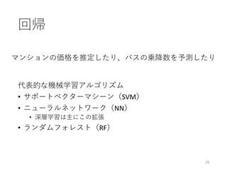 回帰
29
代表的な機械学習アルゴリズム
• サポートベクターマシーン（SVM）
• ニューラルネットワーク（NN）
• 深層学習は主にこの拡張
• ランダムフォレスト（RF）
マンションの価格を推定したり、バスの乗降数を予測したり
 