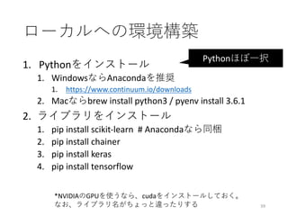 ローカルへの環境構築
1. Pythonをインストール
1. WindowsならAnacondaを推奨
1. https://www.continuum.io/downloads
2. Macならbrew	install	python3	/	pyenv install	3.6.1
2. ライブラリをインストール
1. pip	install	scikit-learn		#	Anacondaなら同梱
2. pip	install	chainer
3. pip	install	keras
4. pip	install	tensorflow
39
*NVIDIAのGPUを使うなら、cudaをインストールしておく。
なお、ライブラリ名がちょっと違ったりする
Pythonほぼ⼀択
 