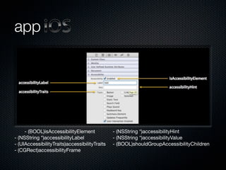 app




     - (BOOL)isAccessibilityElement            - (NSString *)accessibilityHint
- (NSString *)accessibilityLabel               - (NSString *)accessibilityValue
- (UIAccessibilityTraits)accessibilityTraits   - (BOOL)shouldGroupAccessibilityChildren
- (CGRect)accessibilityFrame
 