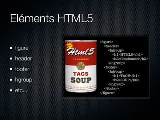 Eléments HTML5

ﬁgure
header
footer
hgroup
etc...
 