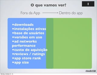 O que vamos ver?
Fora da App

•downloads
•instalações ativas
•base de usuários
•versões em uso
•ad networks

performance
•custo de aquisição
•reviews / ratings
•app store rank
•app size
Monday, October 21, 13

Dentro do app

1

 
