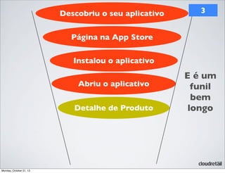 Descobriu o seu aplicativo

3

Página na App Store
Instalou o aplicativo
Abriu o aplicativo
Detalhe de Produto

Monday, October 21, 13

E é um
funil
bem
longo

 