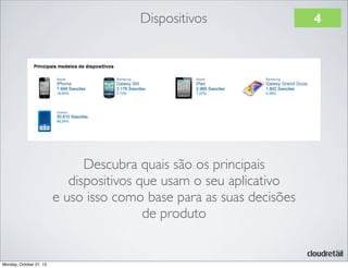Dispositivos

Descubra quais são os principais
dispositivos que usam o seu aplicativo
e uso isso como base para as suas decisões
de produto

Monday, October 21, 13

4

 