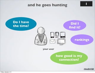 1

and he goes hunting

Do I have
the time?

Did I
ﬁnd it?

rankings
your user

how good is my
connection?

Friday, January 3, 14

 