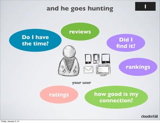 1

and he goes hunting
reviews

Do I have
the time?

Did I
ﬁnd it?

rankings
your user

ratings

Friday, January 3, 14

how good is my
connection?

 