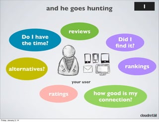 1

and he goes hunting
reviews

Do I have
the time?

Did I
ﬁnd it?

rankings

alternatives?
your user

ratings

Friday, January 3, 14

how good is my
connection?

 
