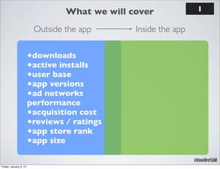 What we will cover
Outside the app

•downloads
•active installs
•user base
•app versions
•ad networks

performance
•acquisition cost
•reviews / ratings
•app store rank
•app size
Friday, January 3, 14

Inside the app

1

 