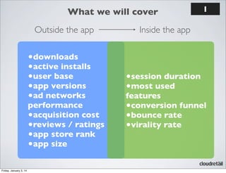 What we will cover
Outside the app

•downloads
•active installs
•user base
•app versions
•ad networks

performance
•acquisition cost
•reviews / ratings
•app store rank
•app size
Friday, January 3, 14

1

Inside the app

•session duration
•most used

features
•conversion funnel
•bounce rate
•virality rate

 