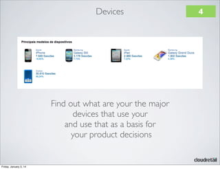 Devices

Find out what are your the major
devices that use your
and use that as a basis for
your product decisions

Friday, January 3, 14

4

 