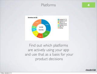 Platforms

Find out which platforms
are actively using your app
and use that as a basis for your
product decisions

Friday, January 3, 14

4

 