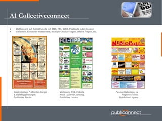A1 Collectiveconnect Wettbewerb auf Kollektivseite mit SMS, TEL, WEB, Postkarte oder Coupon Varianten: Einfacher Wettbewerb, Multiple-Choice-Fragen, offene Fragen, etc. Fasnachtsbeilage, La Regione Ticino, Publicitas Lugano Gastrobeilage ", Werden-berger & Obertoggenburger,  Publicitas Buchs Verlosung FCL-Tickets, Neue Luzerner Zeitung,  Publicitas Luzern 