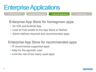 Enterprise Applications
     Device Diversity   Compliance & Security   Enterprise Applications   IT Productivity




     Enterprise App Store for homegrown apps
      • An iOS and Android App
      • Look & Feel similar to the App Store or Market
      • Admin defines required and recommended apps


     Enterprise App Store for recommended apps
      • IT recommends supported apps
      • Help for the agnostic user
      • Limit the risk of too many used apps




16
 