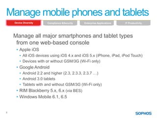 Manage mobile phones and tablets
    Device Diversity   Compliance &Security   Enterprise Applications   IT Productivity




    Manage all major smartphones and tablet types
     from one web-based console
     • Apple iOS
        • All iOS devices using iOS 4.x and iOS 5.x (iPhone, iPad, iPod Touch)
        • Devices with or without GSM/3G (Wi-Fi only)
     • Google Android
        • Android 2.2 and higher (2.3, 2.3.3, 2.3.7 …)
        • Android 3.0 tablets
        • Tablets with and without GSM/3G (Wi-Fi only)
     • RIM Blackberry 5.x, 6.x (via BES)
     • Windows Mobile 6.1, 6.5


8
 