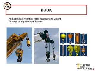 HOOK
All be labeled with their rated capacity and weight.
All hook be equiped with latches
 