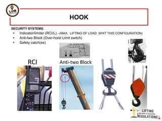SECURITY SYSTEMS:
 Indicator/limiter (RCI/L) –(MAX. LIFTING OF LOAD WHIT THIS CONFIGURATION)
 Anti-two Block (Over-hoist Limit switch)
 Safety catch(es)
HOOK
RCI Anti-two Block
 