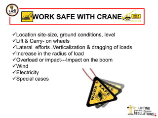 WORK SAFE WITH CRANE
Location site-size, ground conditions, level
Lift & Carry- on wheels
Lateral efforts .Verticalization & dragging of loads
Increase in the radius of load
Overload or impact---Impact on the boom
Wind
Electricity
Special cases
 