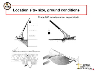 Location site- size, ground conditions
Crane 600 mm clearance any obstacle.
 