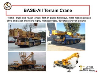 BASE-All Terrain Crane
Hybrid - truck and rough terrain, fast on public highways, most models all axle
drive and steer, therefore highly manoeuvrable, traverses uneven ground
 