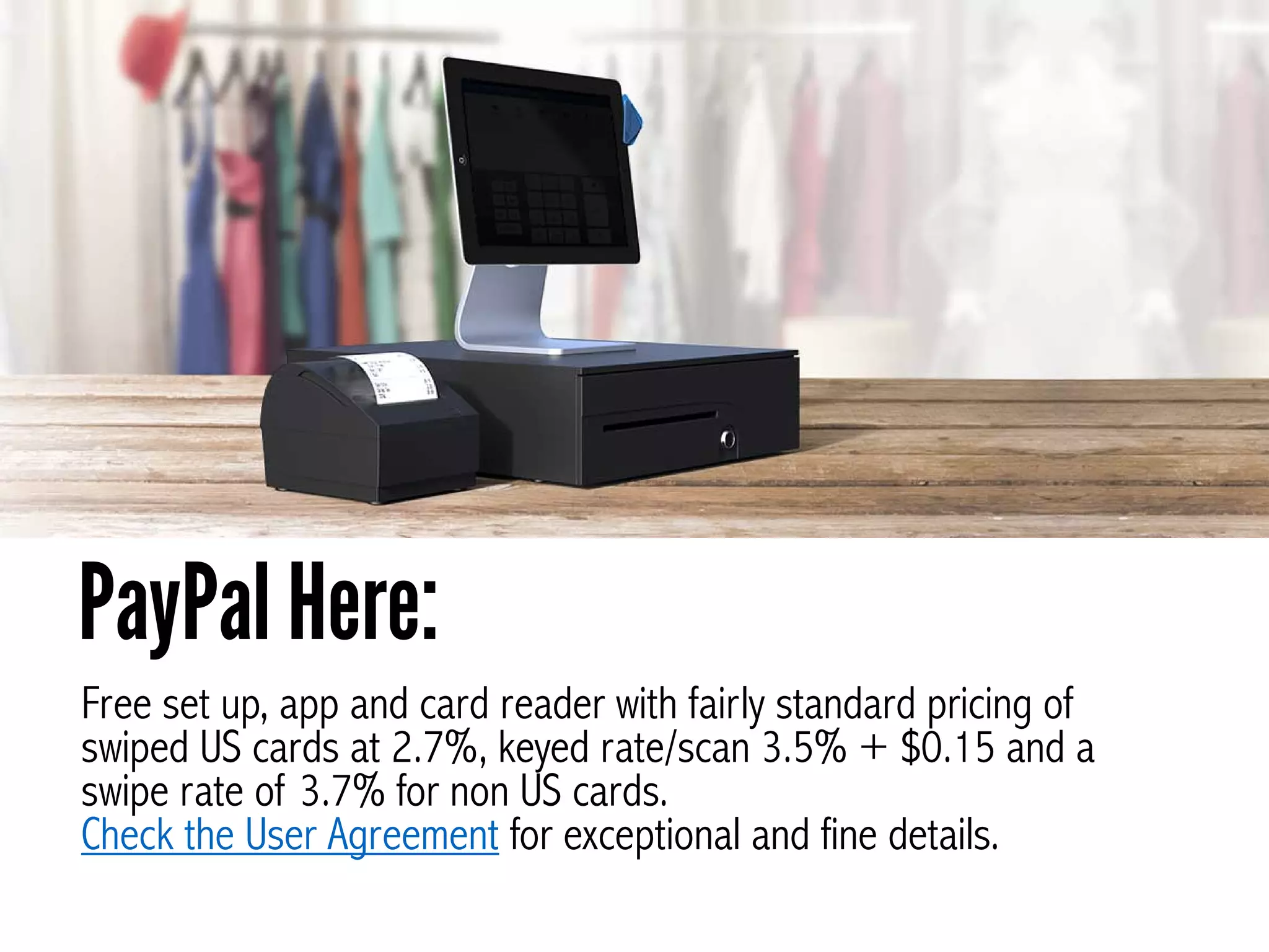 Free set up, app and card reader with fairly standard pricing of
swiped US cards at 2.7%, keyed rate/scan 3.5% + $0.15 and a
swipe rate of 3.7% for non US cards.
Check the User Agreement for exceptional and fine details.
PayPal Here:
 