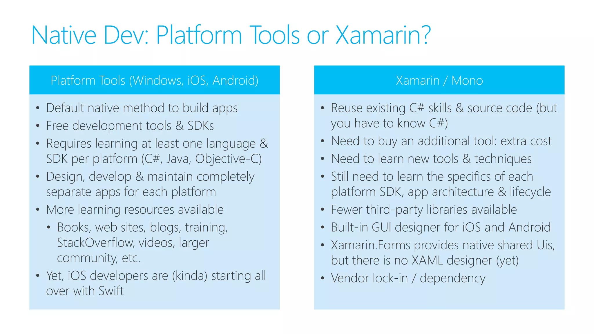 Native Dev: Platform Tools or Xamarin?
Platform Tools (Windows, iOS, Android)
• Default native method to build apps
• Free development tools & SDKs
• Requires learning at least one language &
SDK per platform (C#, Java, Objective-C)
• Design, develop & maintain completely
separate apps for each platform
• More learning resources available
• Books, web sites, blogs, training,
StackOverflow, videos, larger
community, etc.
• Yet, iOS developers are (kinda) starting all
over with Swift
Xamarin / Mono
• Reuse existing C# skills & source code (but
you have to know C#)
• Need to buy an additional tool: extra cost
• Need to learn new tools & techniques
• Still need to learn the specifics of each
platform SDK, app architecture & lifecycle
• Fewer third-party libraries available
• Built-in GUI designer for iOS and Android
• Xamarin.Forms provides native shared Uis,
but there is no XAML designer (yet)
• Vendor lock-in / dependency
 