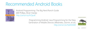 Recommended Android Books
Android Programming: The Big Nerd Ranch Guide
(Bill Phillips, Brian Hardy)
http://amzn.to/1k7jeuK
Programming Android: Java Programming for the New
Generation of Mobile Devices (Mednieks, Dornin, et al.)
http://amzn.to/1bdHA4W
 