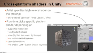 Cross-platform shaders in Unity
                Artist specifies high-level shader on
                   the Material
                        • ex: "Bumped Specular", "Tree Leaves", "Unlit"
                Run-time picks specific platform
                   shader depending on
                        • supported feature set
                         • via Shader Fallback
                        • state (lights / shadows / lightmaps)
                          •via builtin Shader Keywords
                        • user-defined keys
                         •via Shader LOD + custom Shader Keywords


Monday, August 13, 12
 
