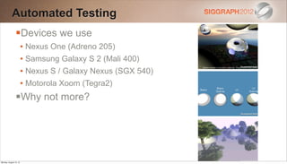 Automated Testing
                Devices we use
                        • Nexus One (Adreno 205)
                        • Samsung Galaxy S 2 (Mali 400)
                        • Nexus S / Galaxy Nexus (SGX 540)
                        • Motorola Xoom (Tegra2)
                Why not more?




Monday, August 13, 12
 
