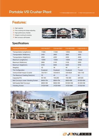 Portable VSI Crusher Plant

>> E-Mail:joyal@crusherinc.com

>> Http://www.joyalcrusher.com

Features:
High capacity
Fine crushing and shape adjusting
High performance, flexible
Integral crushing & screeing
Belt conveyor self-loaded

Specifications
Technical DataModel

Y3S154VSI71

Y3S184VSI81

Y3S186VSI92

Y3S216VSI14

Transportation Length(mm)

11000

11300

13500

14000

Transportation Width(mm)

2450

2800

2800

3000

Transportation Height(mm)

4000

4200

4200

4400

Maximum Length(mm)

13000

13300

14500

15000

Maximum Width(mm)

2800

3150

3150

3500

Maximum Height(mm)

5700

6000

6400

6700

Weight(t)

32

36

48

61

Tire Configuration

Dualaxial

Dualaxial

Dualaxial

Triaxial

Vertical Shaft Impact Crusher

VSI-7611

VSI-8518

VSI-9526

VSI-1140

The Maximum Feeding Size(mm)

35

40

45

50

Capacity(T/h)

60-180

100-260

150-380

225-520

Belt Conveyor Under Vibrating Screen

B650×7M

B800×7M

B800×8M

B1000×8M

Self-loaded Belt Conveyor

B800×3M

B800×3M

B1000×3M

B1200×3M

Vibrating Screen

3YZS1548

3YZS1848

3YZS1860

3YZS2160

 