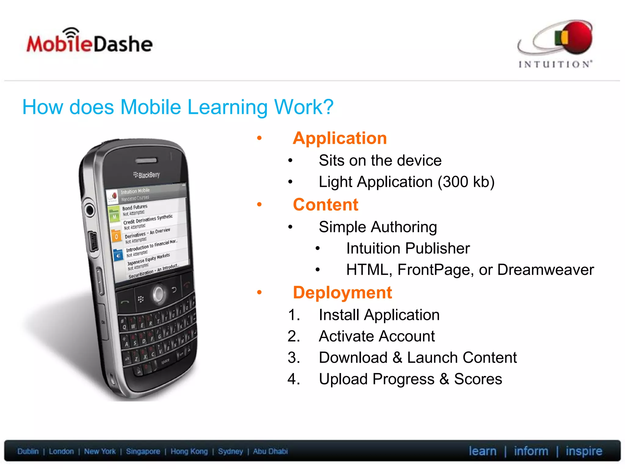 How does Mobile Learning Work? Application Sits on the device Light Application (300 kb) Content Simple Authoring Intuition Publisher HTML, FrontPage, or Dreamweaver Deployment Install Application Activate Account Download & Launch Content Upload Progress & Scores 