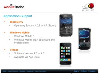 Application Support BlackBerry Operating System 4.0.2 to 4.7 (Storm) Windows Mobile Windows Mobile 5 Windows Mobile 6/6.1 (Standard and Professional) iPhone Software Version 2.0 to 3.0 Available via App Store 