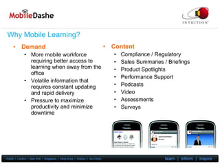 Why Mobile Learning? Demand More mobile workforce requiring better access to learning when away from the office Volatile information that requires constant updating and rapid delivery Pressure to maximize productivity and minimize downtime Content Compliance / Regulatory Sales Summaries / Briefings Product Spotlights Performance Support Podcasts Video Assessments Surveys 
