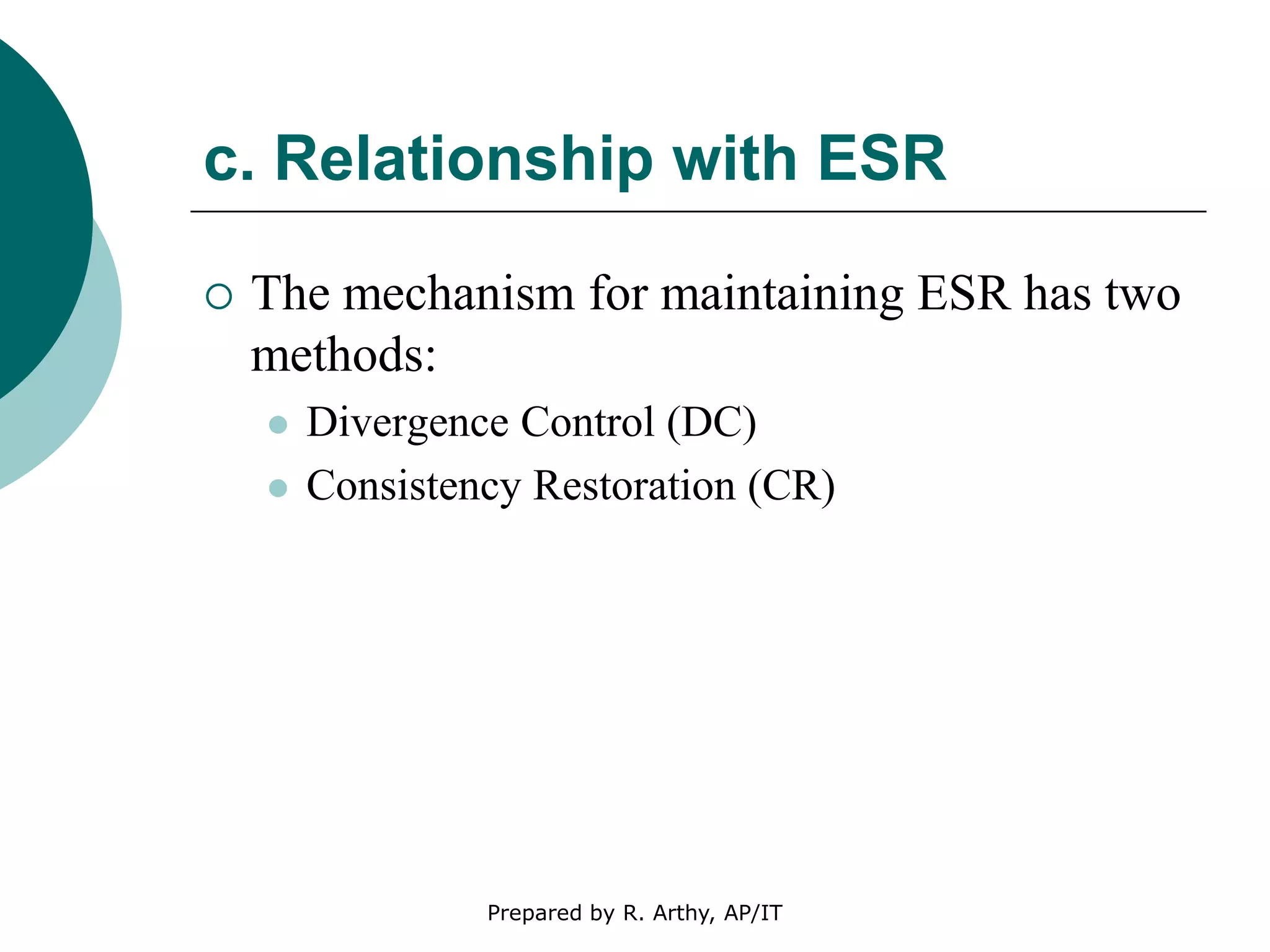 c. Relationship with ESR
 The mechanism for maintaining ESR has two
methods:
 Divergence Control (DC)
 Consistency Restoration (CR)
Prepared by R. Arthy, AP/IT
 
