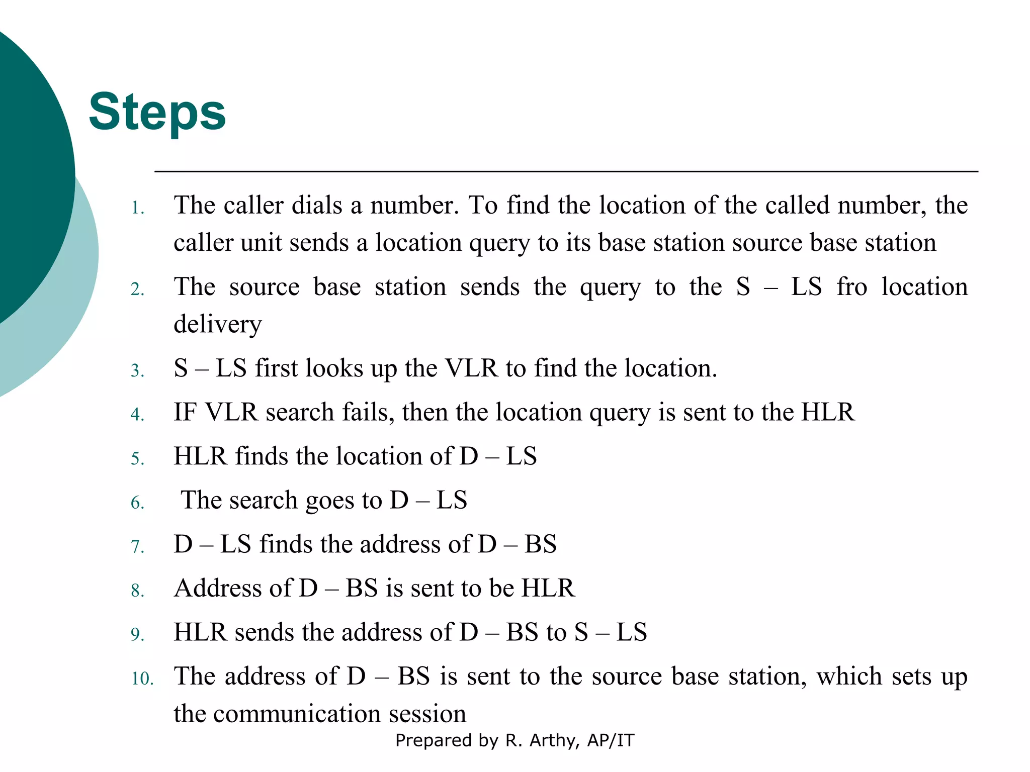 Steps
1. The caller dials a number. To find the location of the called number, the
caller unit sends a location query to its base station source base station
2. The source base station sends the query to the S – LS fro location
delivery
3. S – LS first looks up the VLR to find the location.
4. IF VLR search fails, then the location query is sent to the HLR
5. HLR finds the location of D – LS
6. The search goes to D – LS
7. D – LS finds the address of D – BS
8. Address of D – BS is sent to be HLR
9. HLR sends the address of D – BS to S – LS
10. The address of D – BS is sent to the source base station, which sets up
the communication session
Prepared by R. Arthy, AP/IT
 