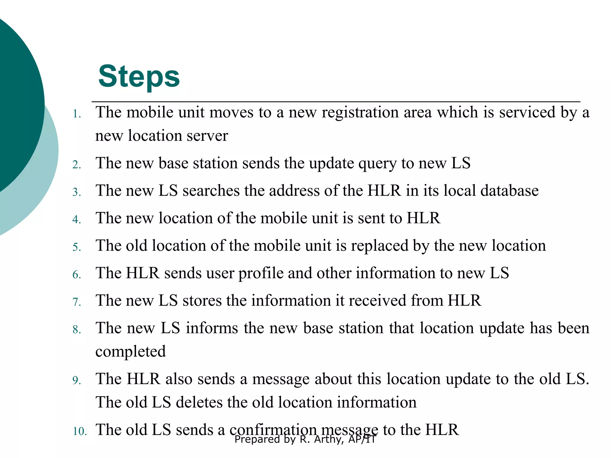 Steps
1. The mobile unit moves to a new registration area which is serviced by a
new location server
2. The new base station sends the update query to new LS
3. The new LS searches the address of the HLR in its local database
4. The new location of the mobile unit is sent to HLR
5. The old location of the mobile unit is replaced by the new location
6. The HLR sends user profile and other information to new LS
7. The new LS stores the information it received from HLR
8. The new LS informs the new base station that location update has been
completed
9. The HLR also sends a message about this location update to the old LS.
The old LS deletes the old location information
10. The old LS sends a confirmation message to the HLRPrepared by R. Arthy, AP/IT
 