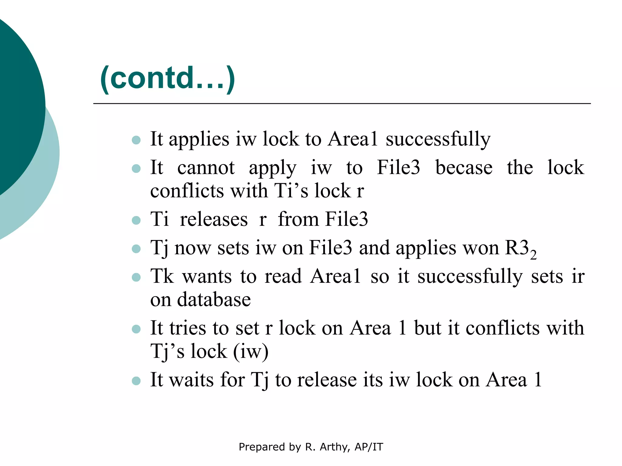 (contd…)
 It applies iw lock to Area1 successfully
 It cannot apply iw to File3 becase the lock
conflicts with Ti’s lock r
 Ti releases r from File3
 Tj now sets iw on File3 and applies won R32
 Tk wants to read Area1 so it successfully sets ir
on database
 It tries to set r lock on Area 1 but it conflicts with
Tj’s lock (iw)
 It waits for Tj to release its iw lock on Area 1
Prepared by R. Arthy, AP/IT
 