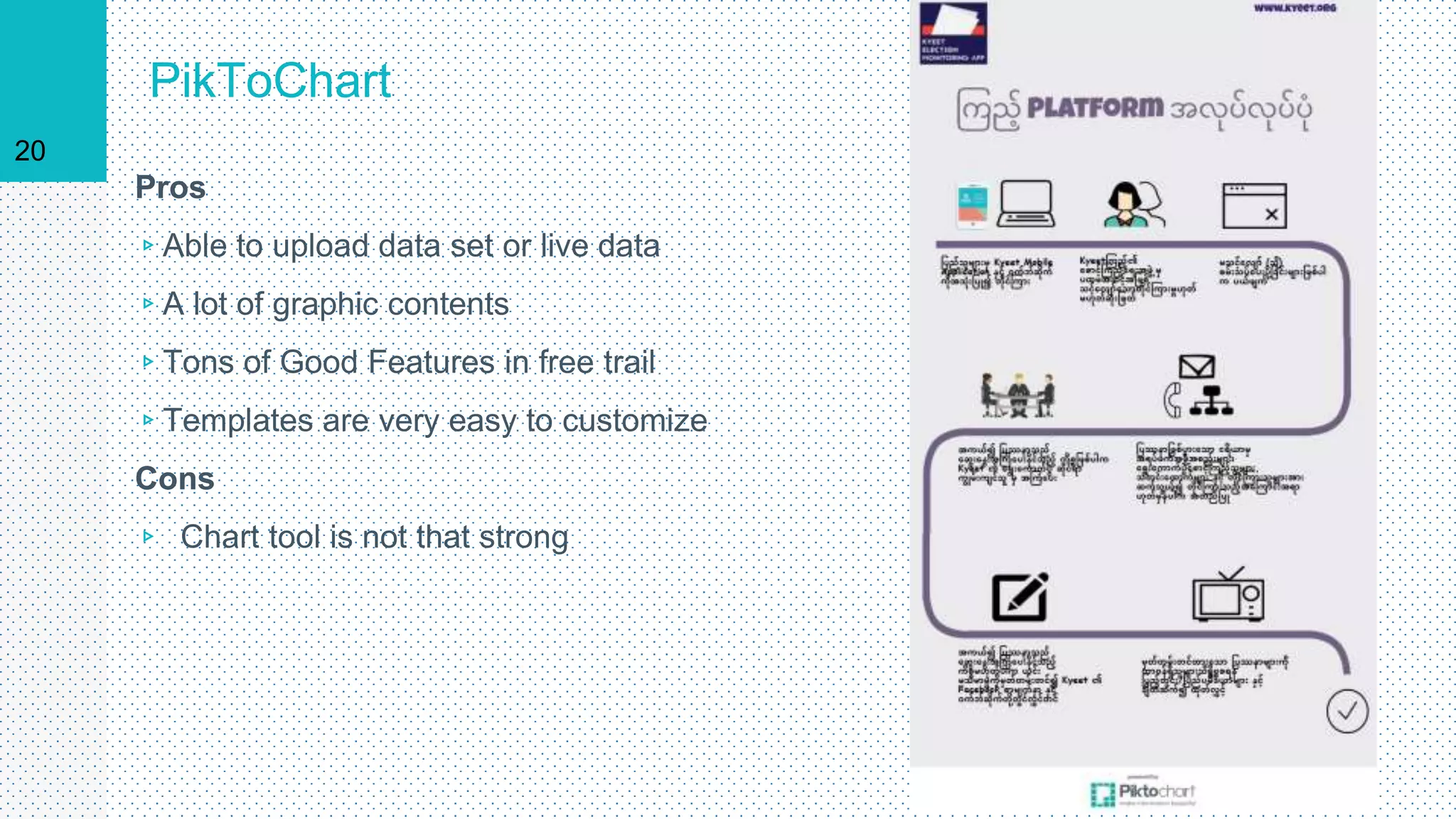 PikToChart
Pros
▹Able to upload data set or live data
▹A lot of graphic contents
▹Tons of Good Features in free trail
▹Templates are very easy to customize
Cons
▹ Chart tool is not that strong
20
 