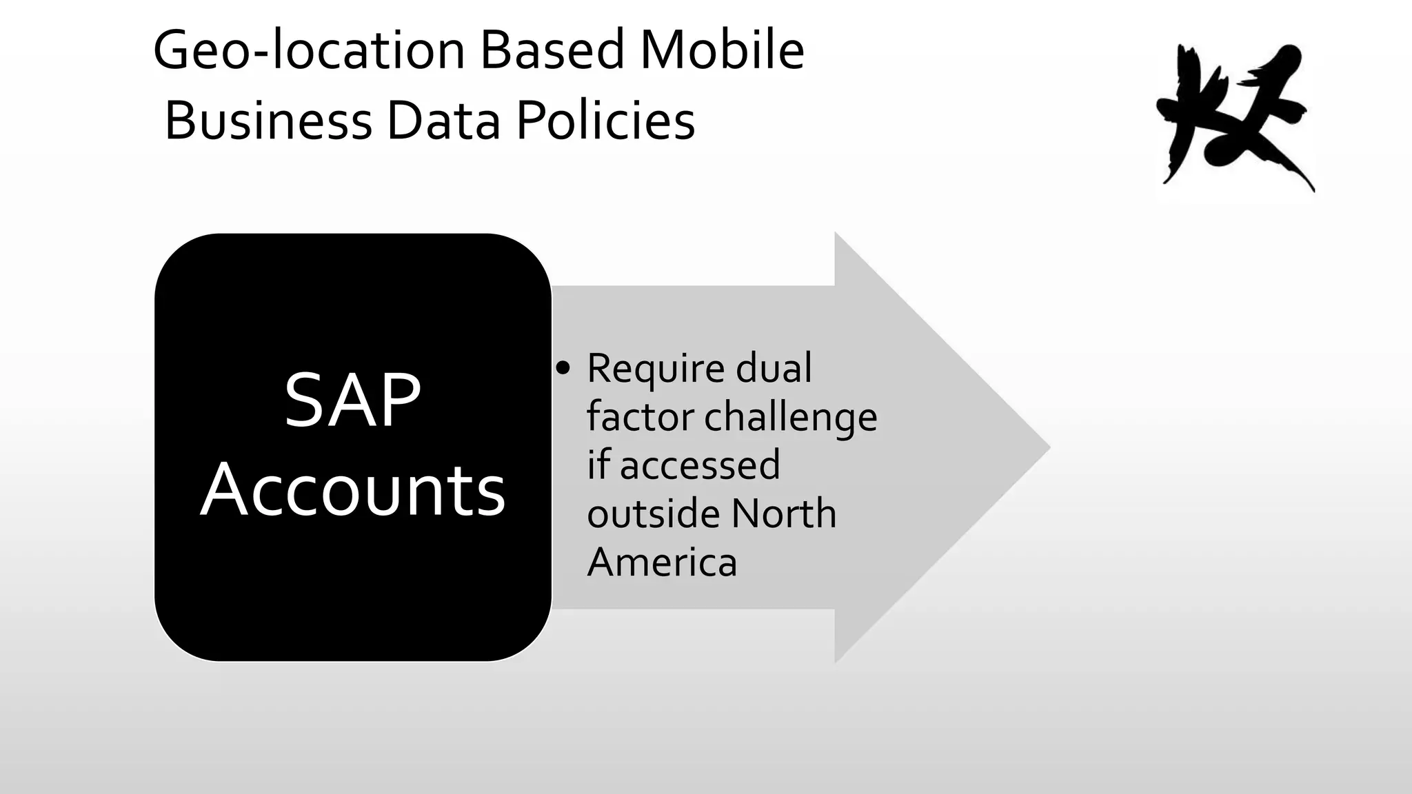 Geo-location Based Mobile
Business Data Policies

SAP
Accounts

• Require dual
factor challenge
if accessed
outside North
America

 