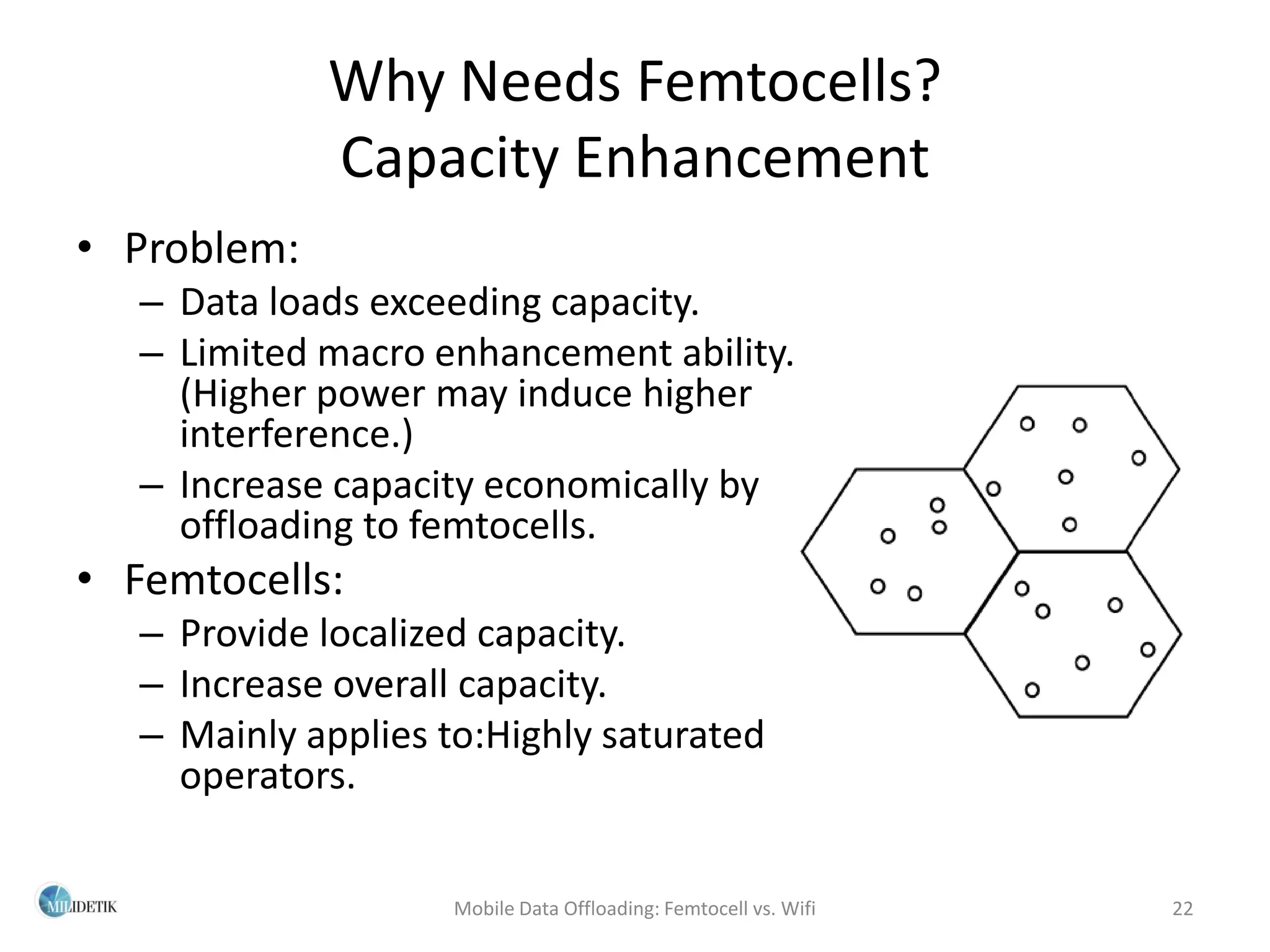 Why Needs Femtocells?
             Capacity Enhancement
• Problem:
   – Data loads exceeding capacity.
   – Limited macro enhancement ability.
     (Higher power may induce higher
     interference.)
   – Increase capacity economically by
     offloading to femtocells.
• Femtocells:
   – Provide localized capacity.
   – Increase overall capacity.
   – Mainly applies to:Highly saturated
     operators.

                     Mobile Data Offloading: Femtocell vs. Wifi   22
 