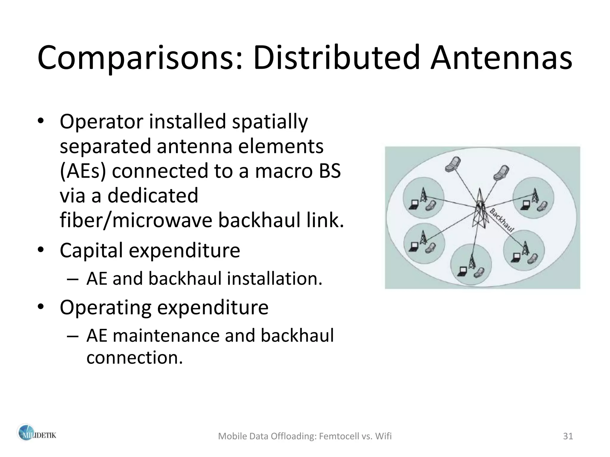 Comparisons: Distributed Antennas
• Operator installed spatially
  separated antenna elements
  (AEs) connected to a macro BS
  via a dedicated
  fiber/microwave backhaul link.
• Capital expenditure
   – AE and backhaul installation.
• Operating expenditure
   – AE maintenance and backhaul
     connection.


                     Mobile Data Offloading: Femtocell vs. Wifi   31
 