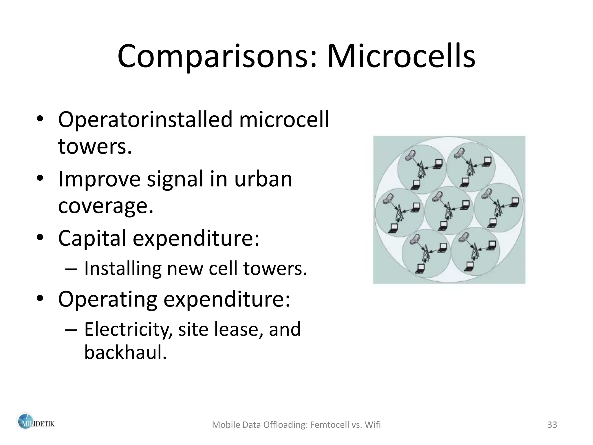 Comparisons: Microcells
• Operatorinstalled microcell
  towers.
• Improve signal in urban
  coverage.
• Capital expenditure:
  – Installing new cell towers.
• Operating expenditure:
  – Electricity, site lease, and
    backhaul.


                    Mobile Data Offloading: Femtocell vs. Wifi   33
 