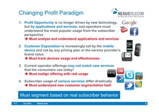 Changing Profit Paradigm
      1. Profit Opportunity is no longer driven by new technology,
         but by applications and services, and operators must
         understand the most popular usage from the subscriber
         perspective
           Must analyze and understand applications and services

      2. Customer Expectation is increasingly set by the mobile
         device and not by any pricing plan or the service provider’s
         brand value.
            Must track devices usage and effectiveness

      3. Current operator offerings may not match new services
         that the consumers use today!
            Must realign offering with real usage

      4. Subscriber usage of various services differ drastically
           Must understand new customer segmentation fast!


      Must segment based on real subscriber behavior
RTS     Oct.2010   Mobile Data                                          5
 