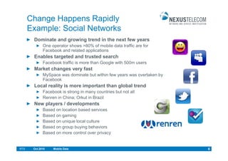 Change Happens Rapidly
      Example: Social Networks
       Dominate and growing trend in the next few years
             One operator shows >80% of mobile data traffic are for
             Facebook and related applications
       Enables targeted and trusted search
             Facebook traffic is more than Google with 500m users
       Market changes very fast
             MySpace was dominate but within few years was overtaken by
             Facebook
       Local reality is more important than global trend
             Facebook is strong in many countries but not all
             Renren in China; Orkut in Brazil
       New players / developments
             Based on location based services
             Based on gaming
             Based on unique local culture
             Based on group buying behaviors
             Based on more control over privacy


RTS    Oct.2010   Mobile Data                                             6
 