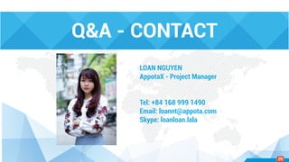 LOAN NGUYEN
AppotaX - Project Manager
Tel: +84 168 999 1490
Email: loannt@appota.com
Skype: loanloan.lala
Q&A - CONTACT
29
 