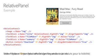 <RelativePanel>
<Image x:Name="img" …/>
<TextBlock x:Name="title" RelativePanel.RightOf="img" RP.AlignTopWith="img" …/>
<TextBlock x:Name="filmMaker" RP.RightOf="img" RP.Below="title" …/>
<TextBlock x:Name="summary" RP.RightOf="img" RP.Below="filmMaker" …/>
<Button Content="Download" RP.RightOf="img" RP.AlignBottomWithPanel="True" …/>
</RelativePanel>
Exemple
Utiliser State et Setters pour des Design Responsive avancésNote: Replacer RP par RelativePanel dans les attributs (ici réduits pour la lisibilité)
 