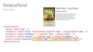 <RelativePanel>
<Image x:Name="img" …/>
<TextBlock x:Name="title" RelativePanel.RightOf="img" RP.AlignTopWith="img" …/>
<TextBlock x:Name="filmMaker" RP.RightOf="img" RP.Below="title" …/>
<TextBlock x:Name="summary" RP.RightOf="img" RP.Below="filmMaker" …/>
<Button Content="Download" RP.Below="img" RP.AlignLeftWithPanel="True" …/>
</RelativePanel>
Exemple
 