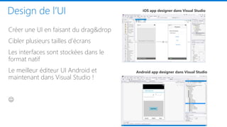 Créer une UI en faisant du drag&drop
Cibler plusieurs tailles d’écrans
Les interfaces sont stockées dans le
format natif
Le meilleur éditeur UI Android et
maintenant dans Visual Studio !

iOS app designer dans Visual Studio
Android app designer dans Visual Studio
 
